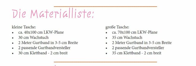 Materialliste Tasche nähen